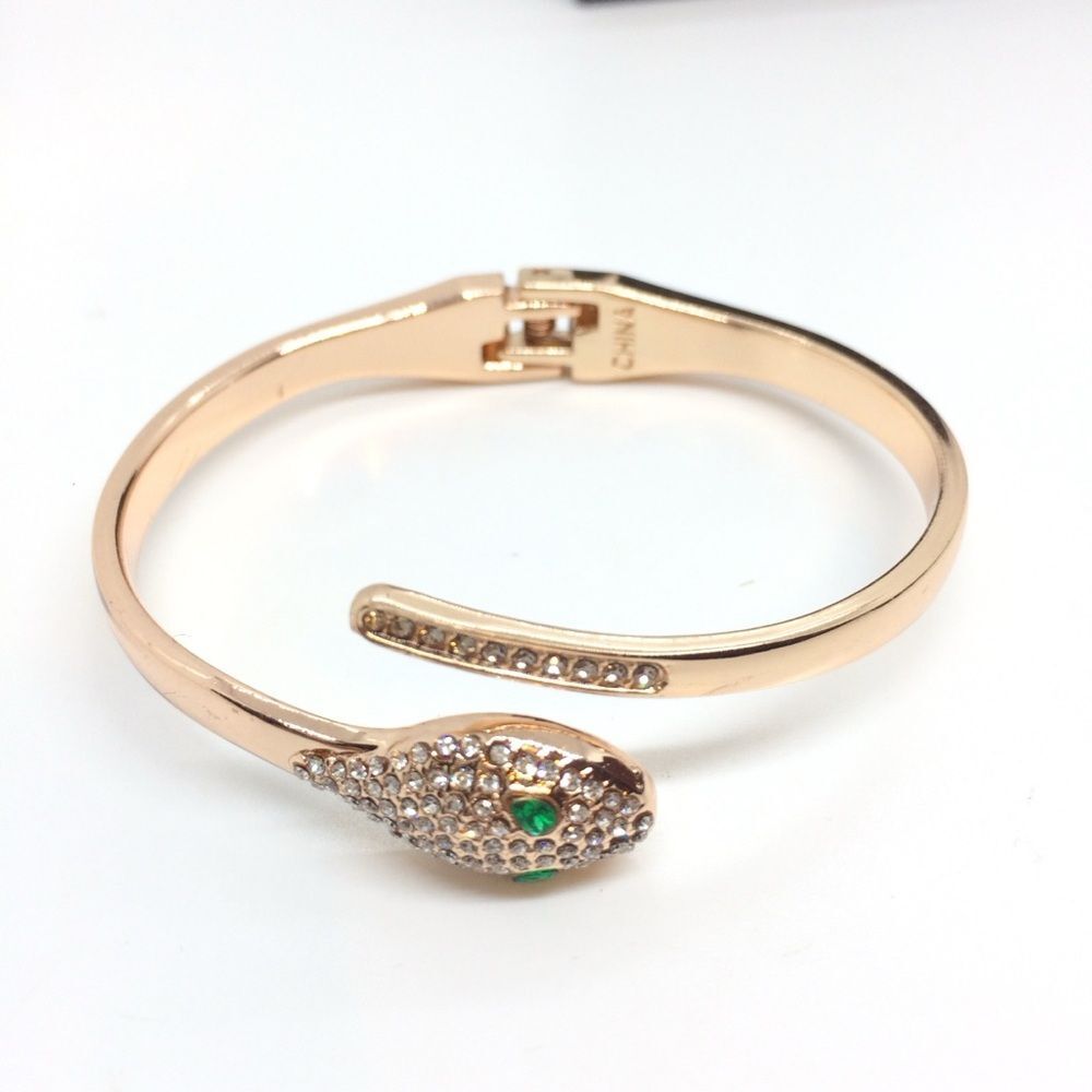 SNAKE CUFF BRACELET Rose Gold Tone Green Rhinestone Serpent Bangle